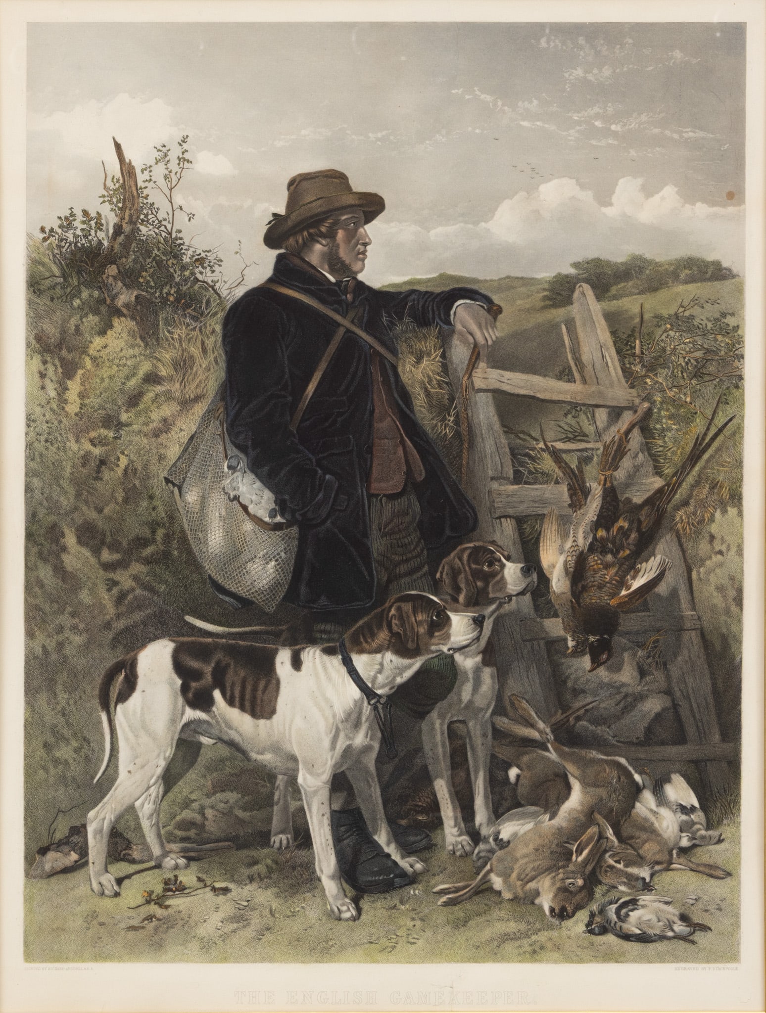 After Richard Ansdell (English, 1815-1885) Color Engraving 1858, 'The English Gameskeeper', H 28" W (1 of 4)