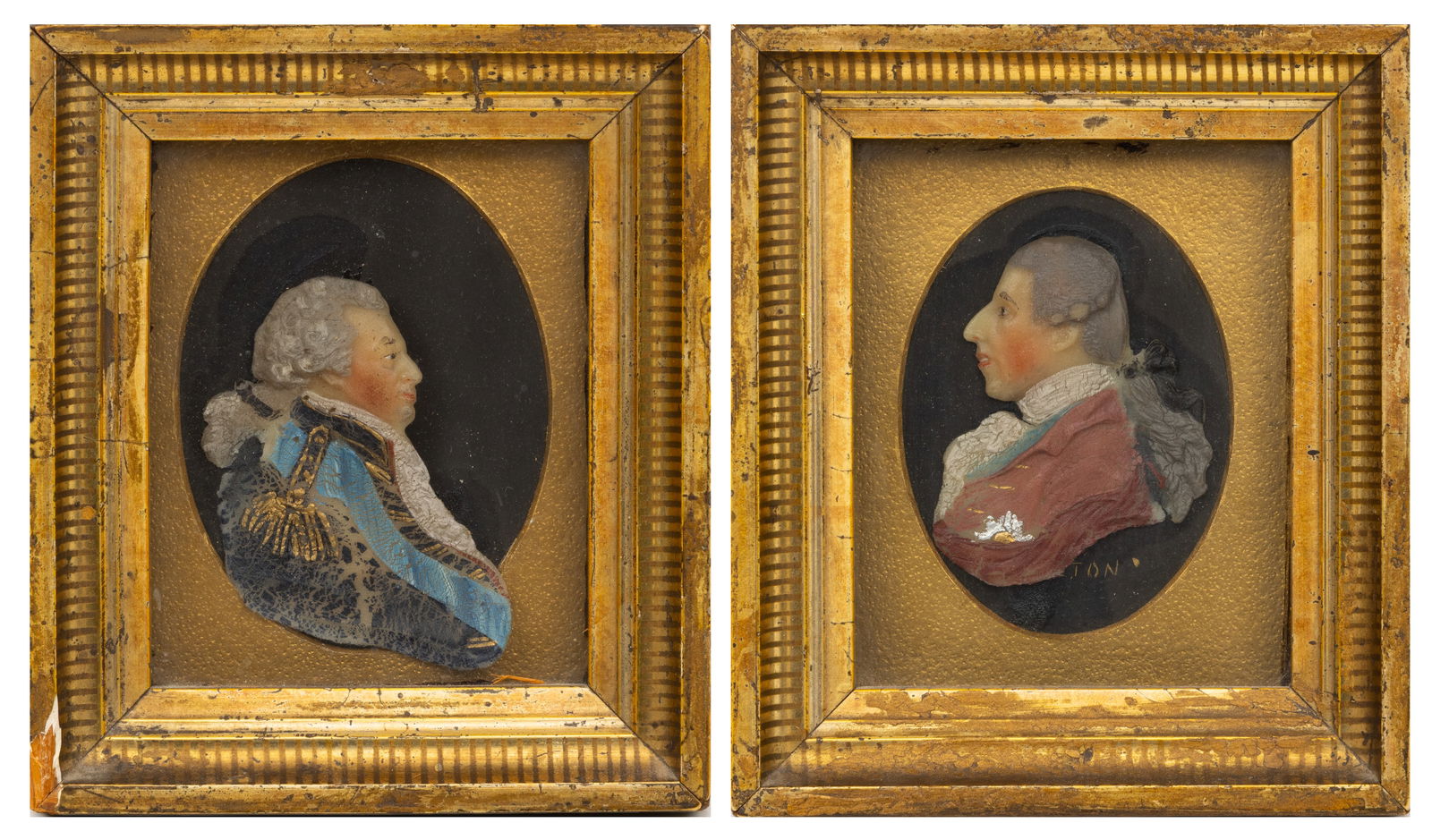 English Wax Portraits in Profile 19th C., H 4" W 3" Frame Size: H 6.5" W 5.75" 1 PAIR (1 of 7)