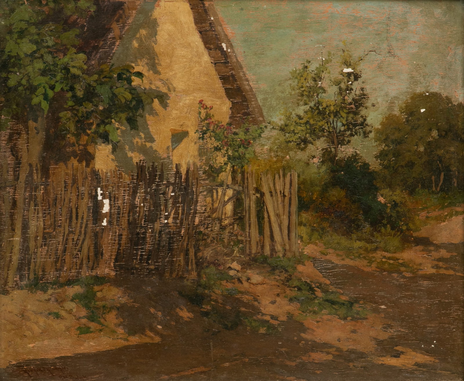 Oil on Wood Panel Landscape with Picket Fence And House Detail 1900, H 18" W 15" Frame Size: H 20" W: Oil on Wood Panel Landscape with Picket Fence And House Detail 1900, H 18" W 15" Frame Size: H 20" W 23" Circular stamp oon back "Dnwkwitelre Engedely ezne. Heavy dark wood frame. Thatched roof 