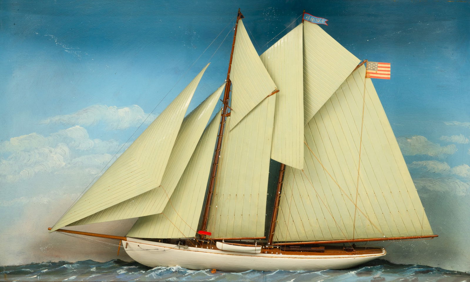 American Hand Painted Wooden Ship Model in Diorama Display, Schooner 'Venona' H 21.5" L 32.5" Depth (1 of 3)
