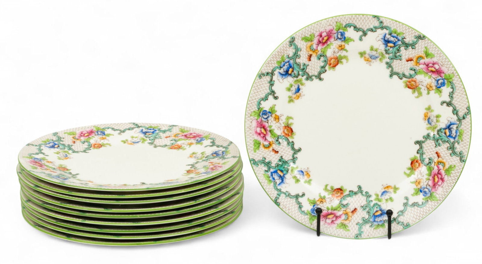 Royal Cauldon (English) 'Victoria' Pattern Porcelain Plates, Dia. 10" 10 PCS: Royal Cauldon (English) 'Victoria' Pattern Porcelain Plates, Dia. 10" 10 PCS Floral decoration with scrolling vines. Green rims. Marked on the undersides. Dimensions: 10 PCS Dia 10"
