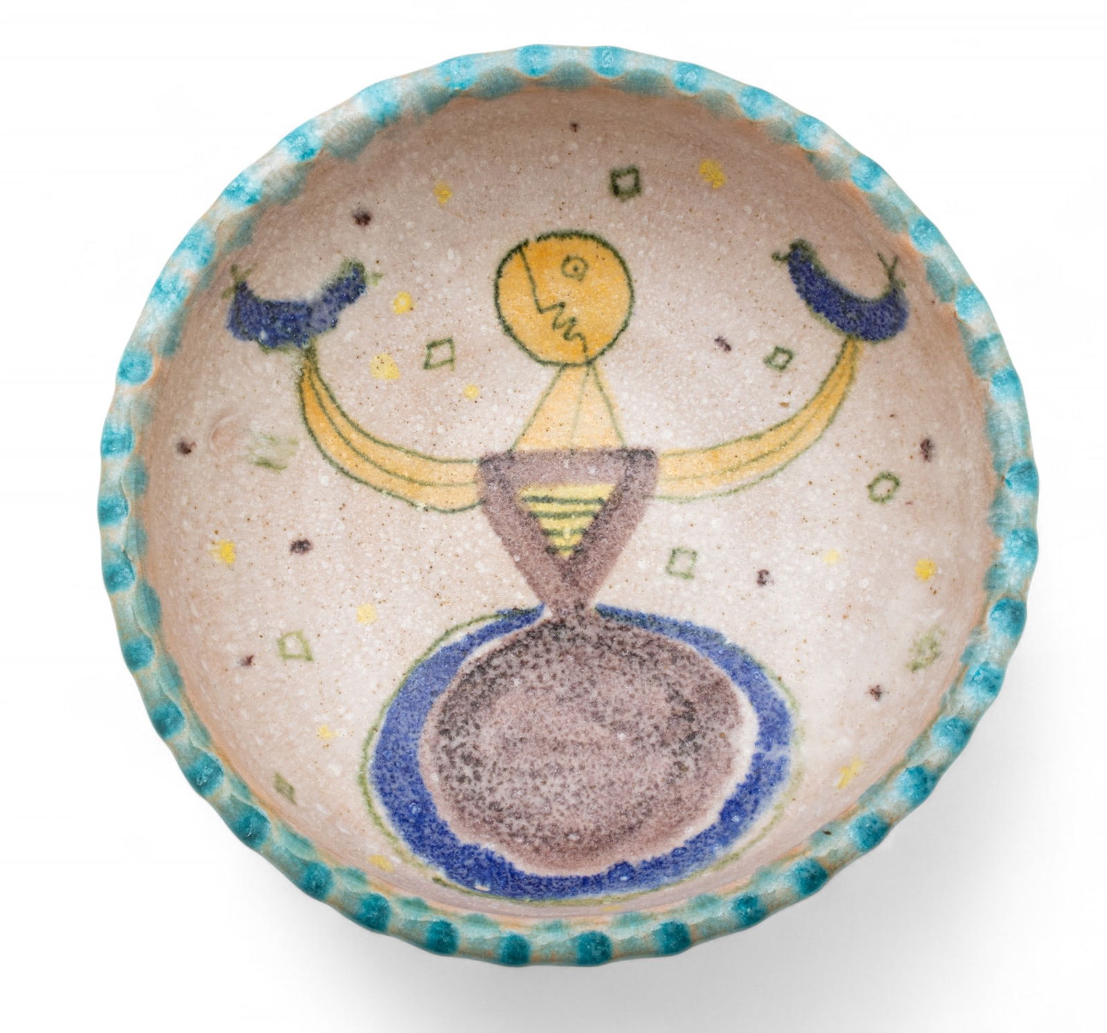 Guido Gambone Pottery Bowl, Ca. Mid 20th C., H 3.5" Dia. 9.5": Guido Gambone Pottery Bowl, Ca. Mid 20th C., H 3.5" Dia. 9.5" Turqoise glazed exterior with a woman holding two birds at the interior. Gambone marking on the underside. Dimensions: H 3.5" Dia 9.