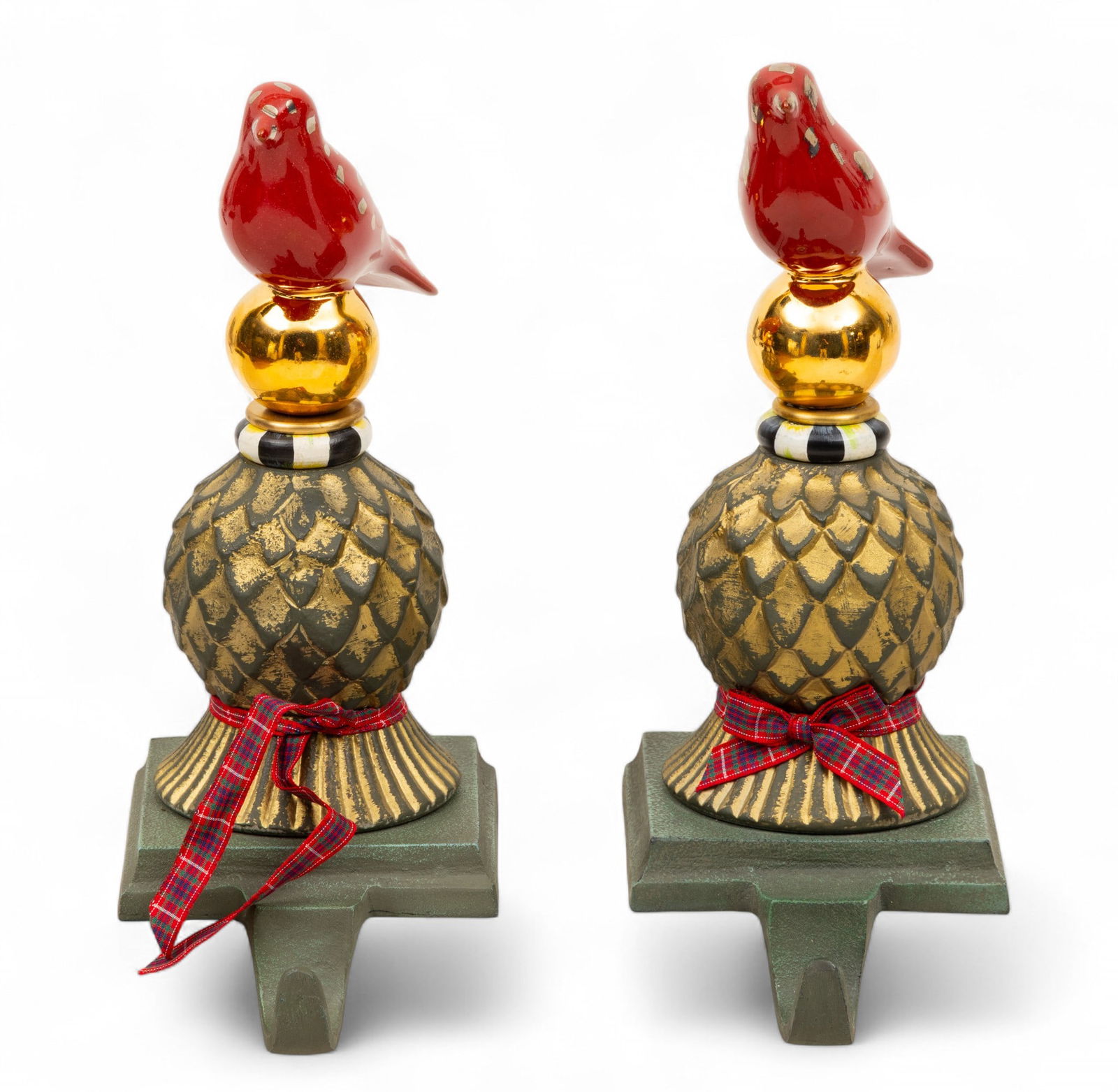Pair of MacKenzie-Childs Red Ceramic & Metal Bird on Thistle Stocking Hooks H 10" W 4" 2 PCS (1 of 5)