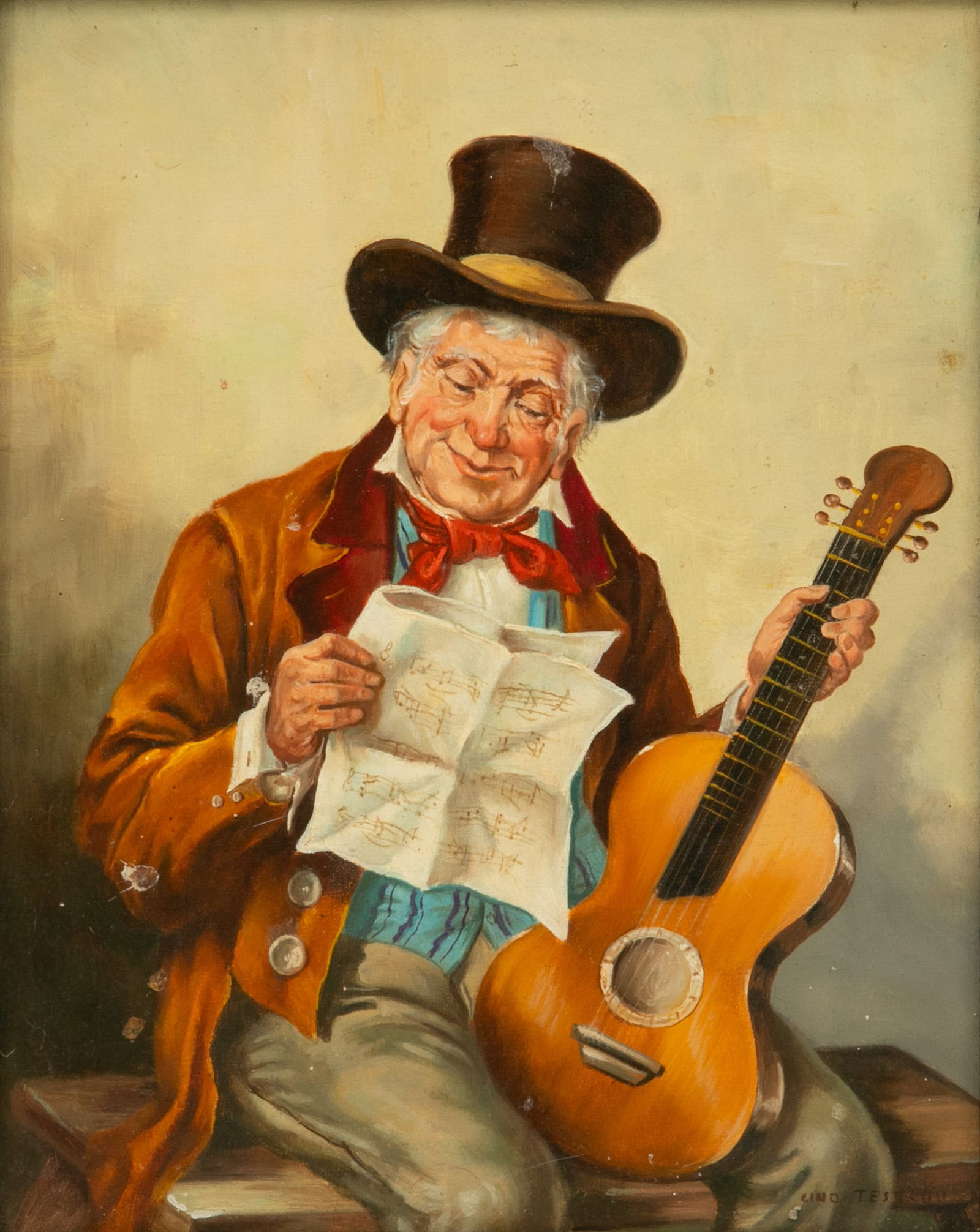 Gino Testaguzza, Oil on Canvas 'German Violinist', H 10" W 9" Frame Size: H 16" W 14": Gino Testaguzza, Oil on Canvas 'German Violinist', H 10" W 9" Frame Size: H 16" W 14" Dimensions: H 10" W 9" Frame Size: H 16" W 14"
