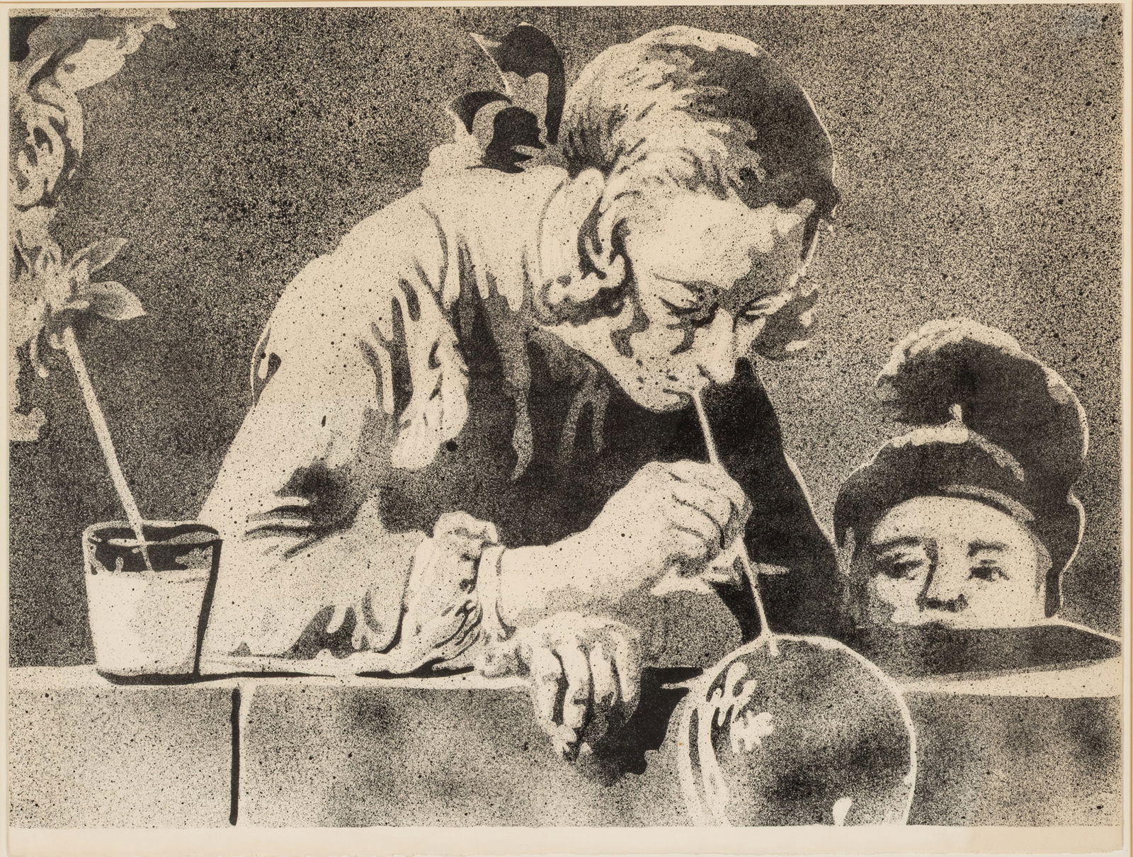 John Clem Clarke (American, 1937-2021) Black And White Lithograph on Wove Paper 'Chardin - the: John Clem Clarke (American, 1937-2021) Black And White Lithograph on Wove Paper 'Chardin - the Bubble Blower', H 21" W 28" Dimensions: H 21" W 28"