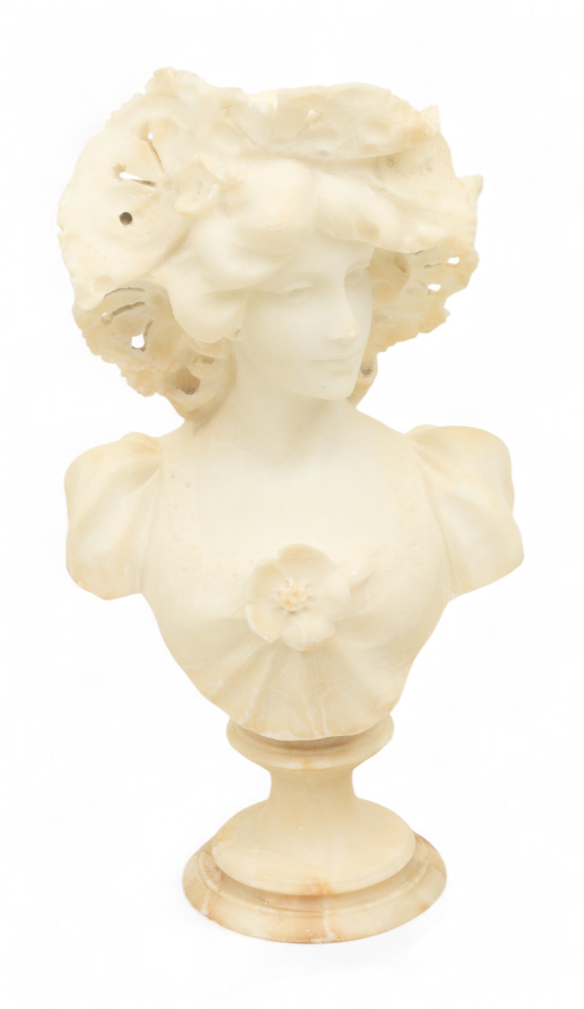 Italian Carved Alabaster Bust of a Young Lady, Ca. 1900, H 13.5" W 7" L 5" (1 of 4)