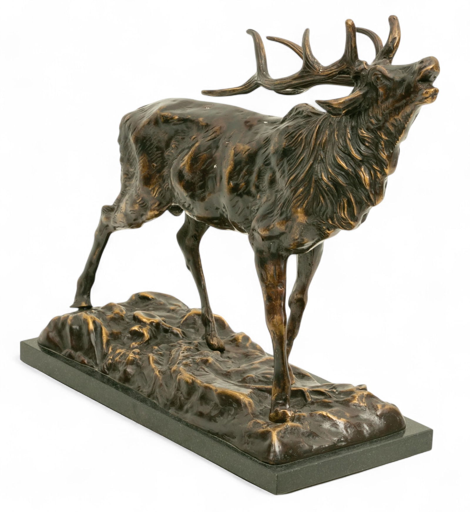 French Style Bronze Sculpture 20th C., 'Stag Deer', H 13.5" W 5" L 17": French Style Bronze Sculpture 20th C., 'Stag Deer', H 13.5" W 5" L 17" In the style of Mene. Unsigned. On a 1/2" marble base. Provenance: Property from a Prominent Prints & Multiples Collector,