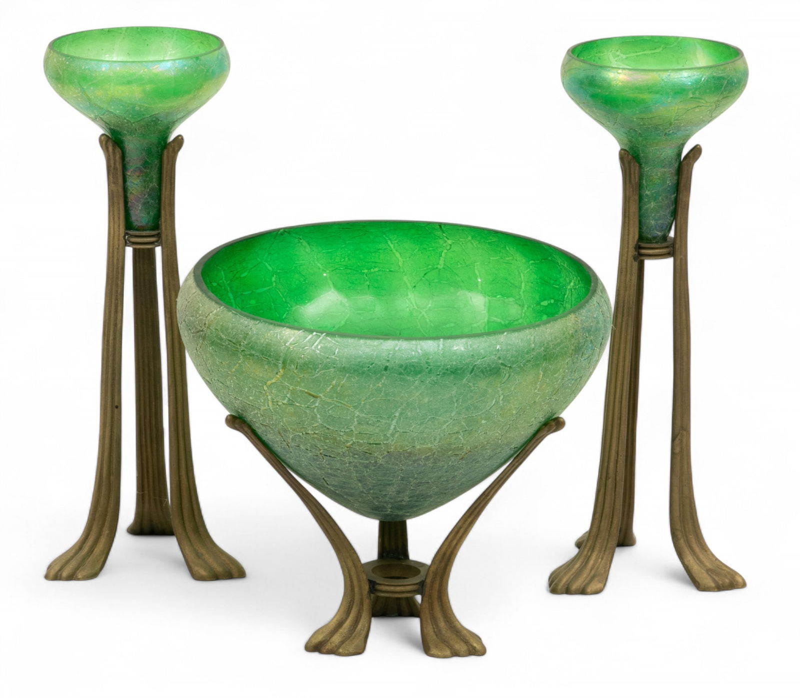 Austrian Art Nouveau Bronze And Inset Glass Garniture Set 1930, H 8" Dia. 8.5" 3 PCS (1 of 4)