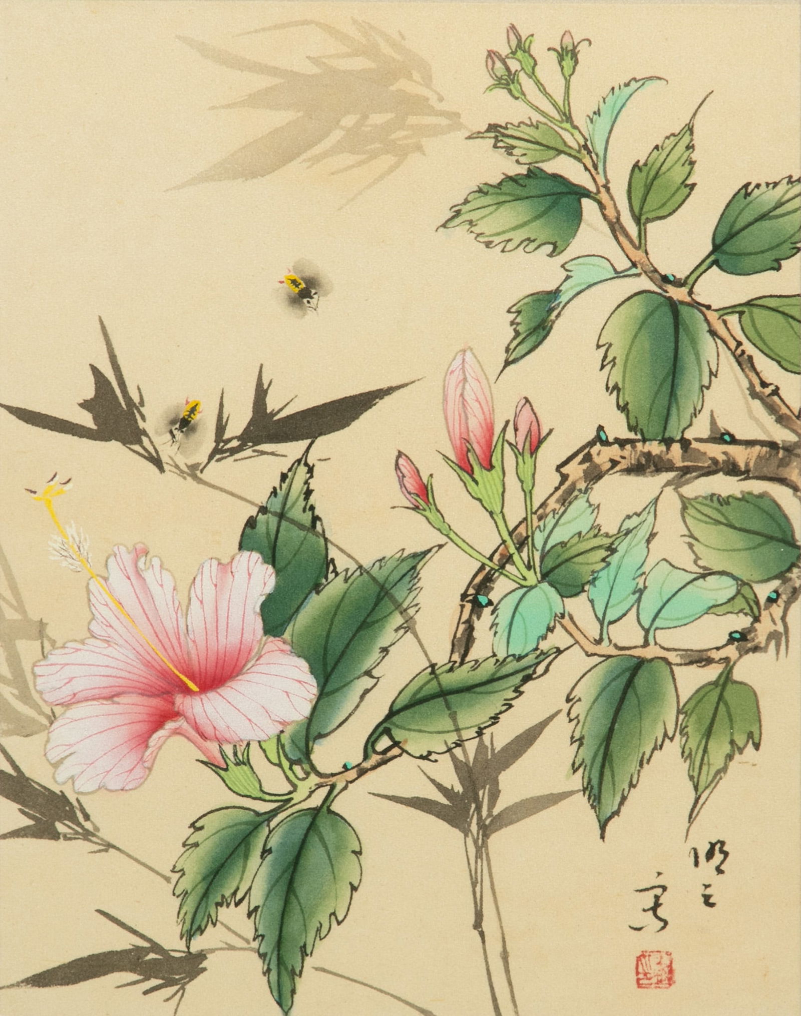 Chinese Hand Colored Print 20th C., 'Hibiscus', H 9.5" W 7.25" Frame Size: H 15.5" W 12.5": Chinese Hand Colored Print 20th C., 'Hibiscus', H 9.5" W 7.25" Frame Size: H 15.5" W 12.5" Seal lower right. Provenance: Property from a Prominent Prints & Multiples Collector, Commerce Townshi