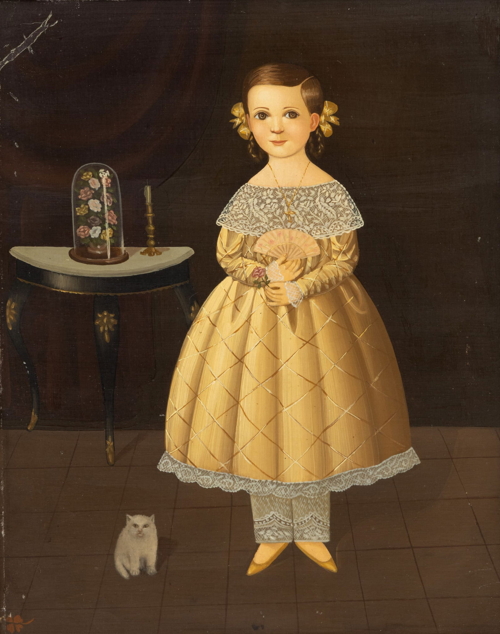 American Primitive Style Oil on Canvas, Ca. 1960, 'Portrait of a Girl with Cat', H 19.75" W 15.75" (1 of 5)