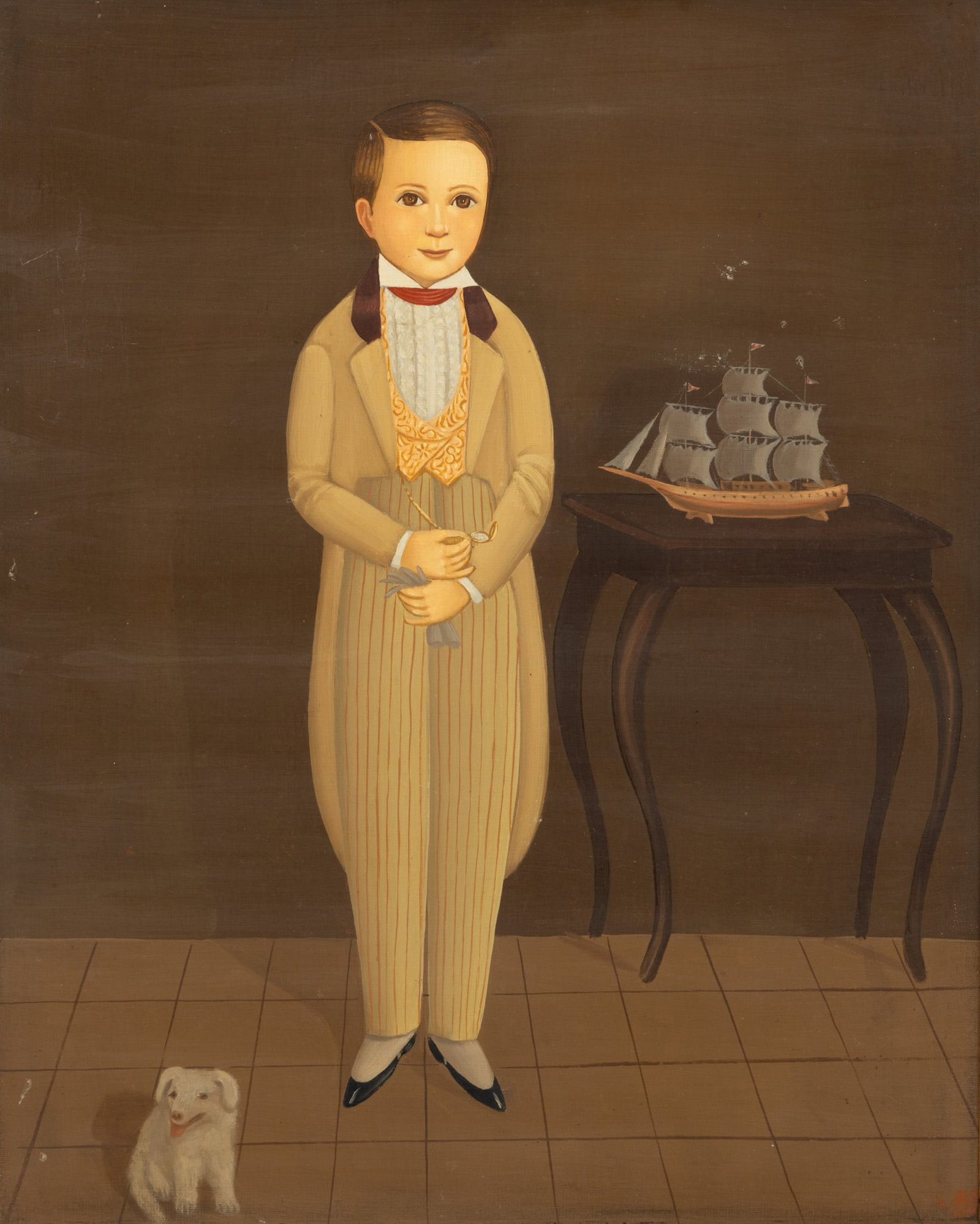 American Primitive Style Oil on Canvas Portrait 1960, H 19.75" W 15.75": American Primitive Style Oil on Canvas Portrait 1960, H 19.75" W 15.75" 20th c. reproduction of an 1840-1860 style painting. Depicting a boy wearing a waistcoat with his dog at his feet. A parlor