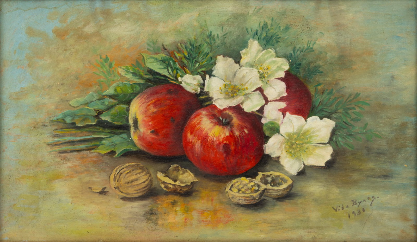 Bearing Signature Vida Byars Watercolor on Paper 1930, 'Still Life', H 11.5" W 19.5" Frame Size: H: Bearing Signature Vida Byars Watercolor on Paper 1930, 'Still Life', H 11.5" W 19.5" Frame Size: H 13.5" W 22.5" Still life of apples, blossoms, and walnuts. Signed lower right. Provenance: Prop