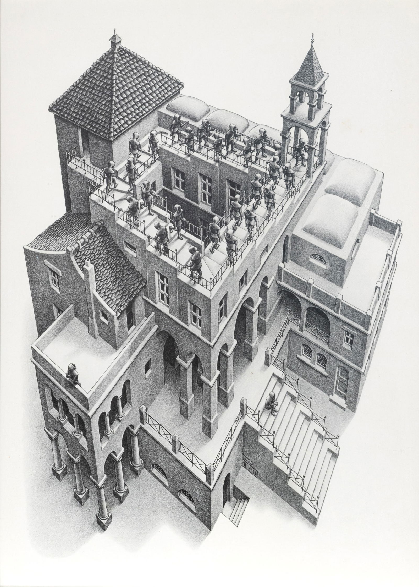 M.C. Escher (Dutch, 1898-1972) Offset Lithographic Print on Paper, 'Ascending And Descending', H 21": M.C. Escher (Dutch, 1898-1972) Offset Lithographic Print on Paper, 'Ascending And Descending', H 21" W 17" Frame Size: H 25" W 21.125" Printed by Van Dooren B.V., Vlaardingen. Framed under glass.