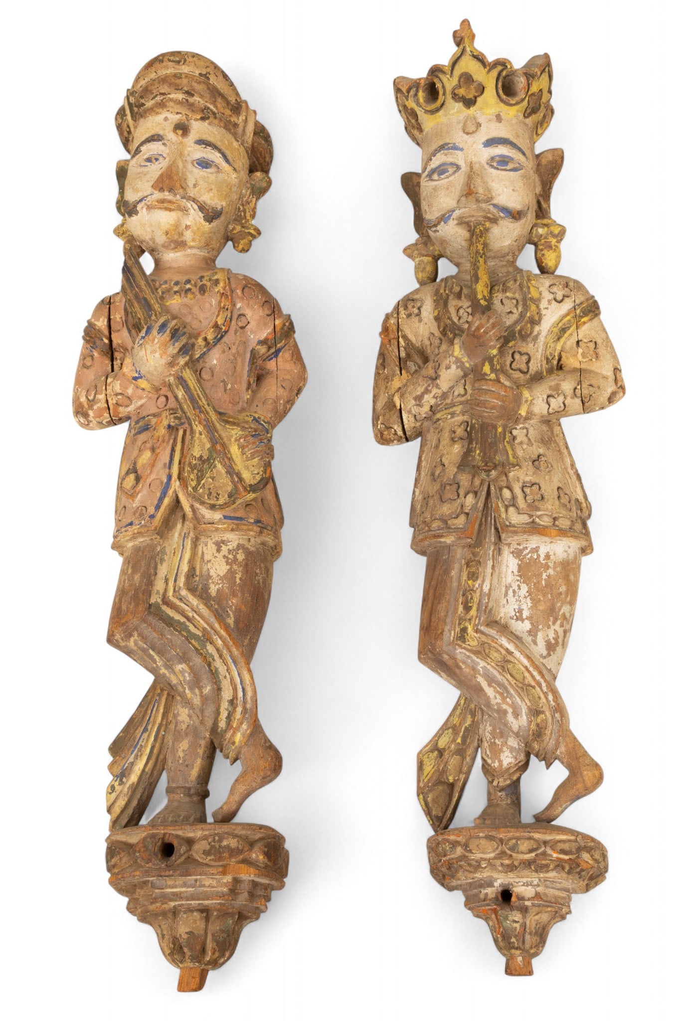 Pair of Indonesian Polychromed Carved Wood Wall Mounted Scu 19th Cen., 'Musicians', H 27.5" W 8": Pair of Indonesian Polychromed Carved Wood Wall Mounted Scu 19th Cen., 'Musicians', H 27.5" W 8" Depth 5" 2 PCS One musician playing a tarawangsa and the other playing a flute. Proven