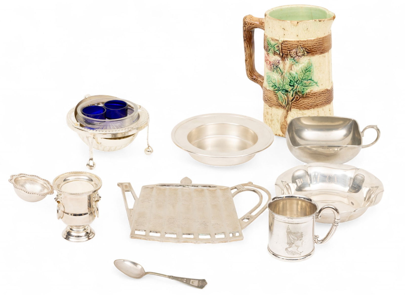 Silver Plate Butter Server, Cigarette Urn, Open Bowls Trivet, Majolica Pottery Vintage Pitcher H 7" (1 of 12)