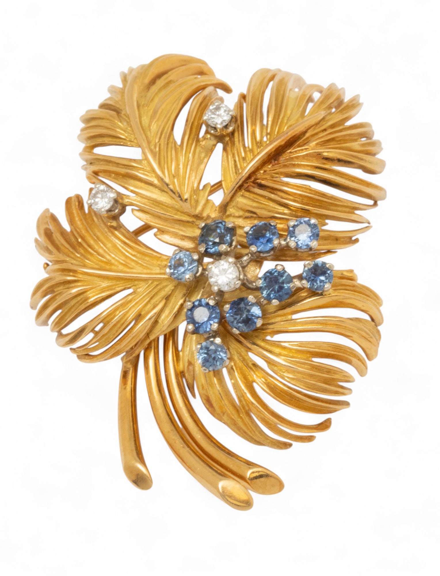 18K Yellow Gold, Diamond And Blue Sapphire Feather Brooch 1980, 23 g (1 of 6)