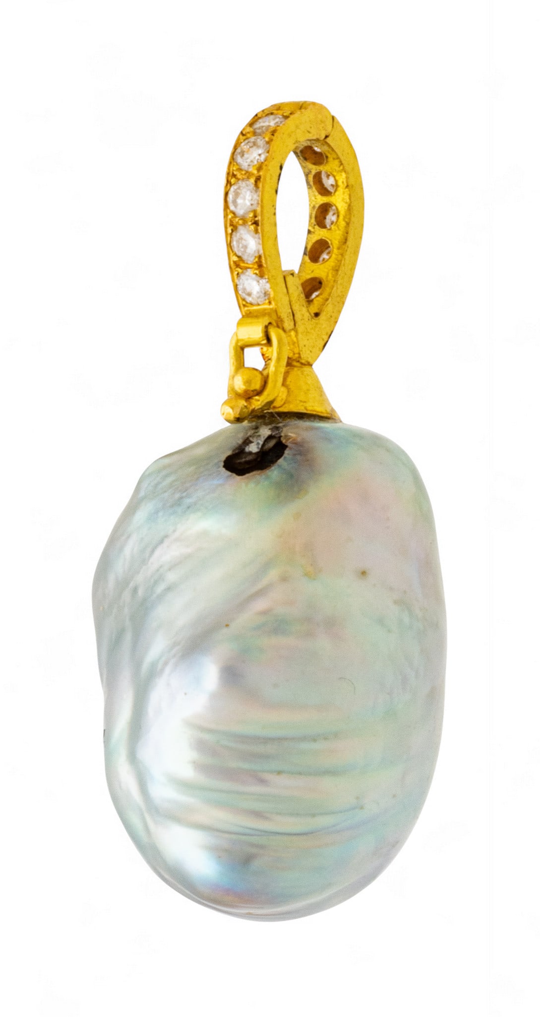 Baroque Magnum Pearl Pendant, Gold & Diamond Bale 23 X 19mm: Baroque Magnum Pearl Pendant, Gold & Diamond Bale 23 X 19mm Grey iridescent pearl. Hole where bale was attached. Five diamonds in bale. Dimensions: