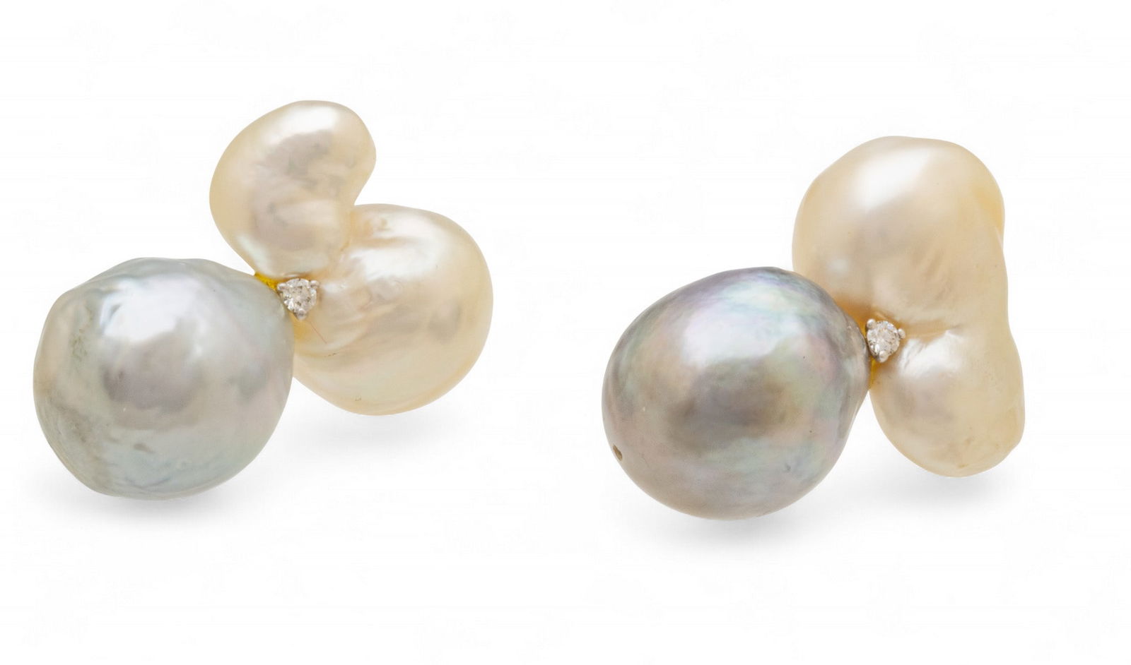 Baroque White And Grey Pearl Ear Clips, 14K White Gold , Diamond at Center (1 of 5)