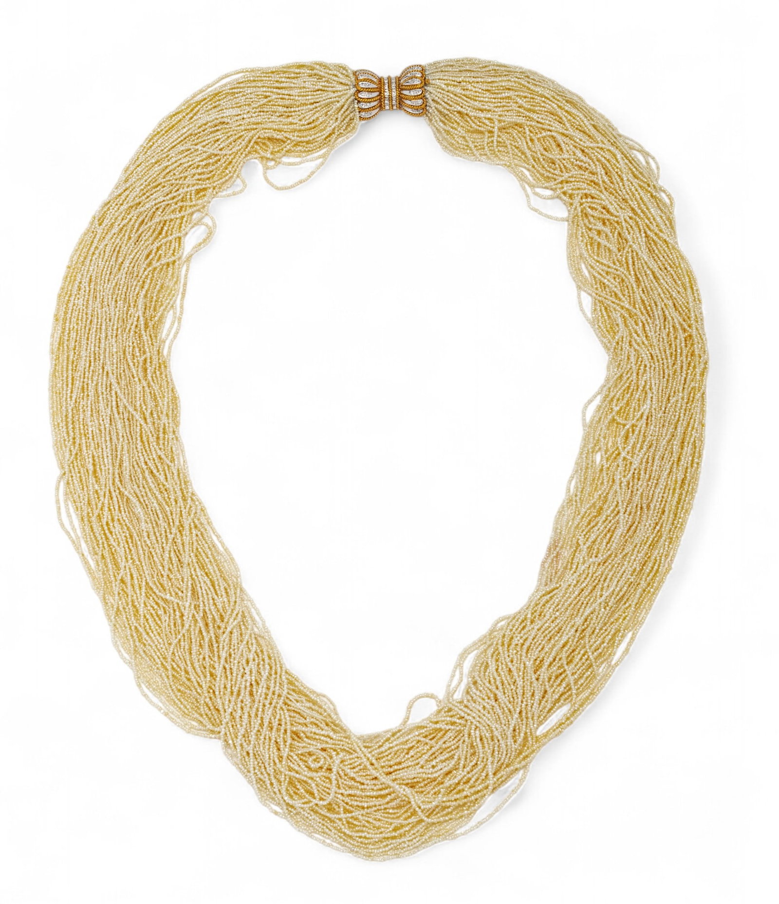 Multi Strand Seed Pearl Necklace, 14Kt And Diamond Bowknot Clasp L 27" 157 g: Multi Strand Seed Pearl Necklace, 14Kt And Diamond Bowknot Clasp L 27" 157 g Impressed 585 and 14K. In a Mayor's suede case. Dimensions: L 27" 157 g