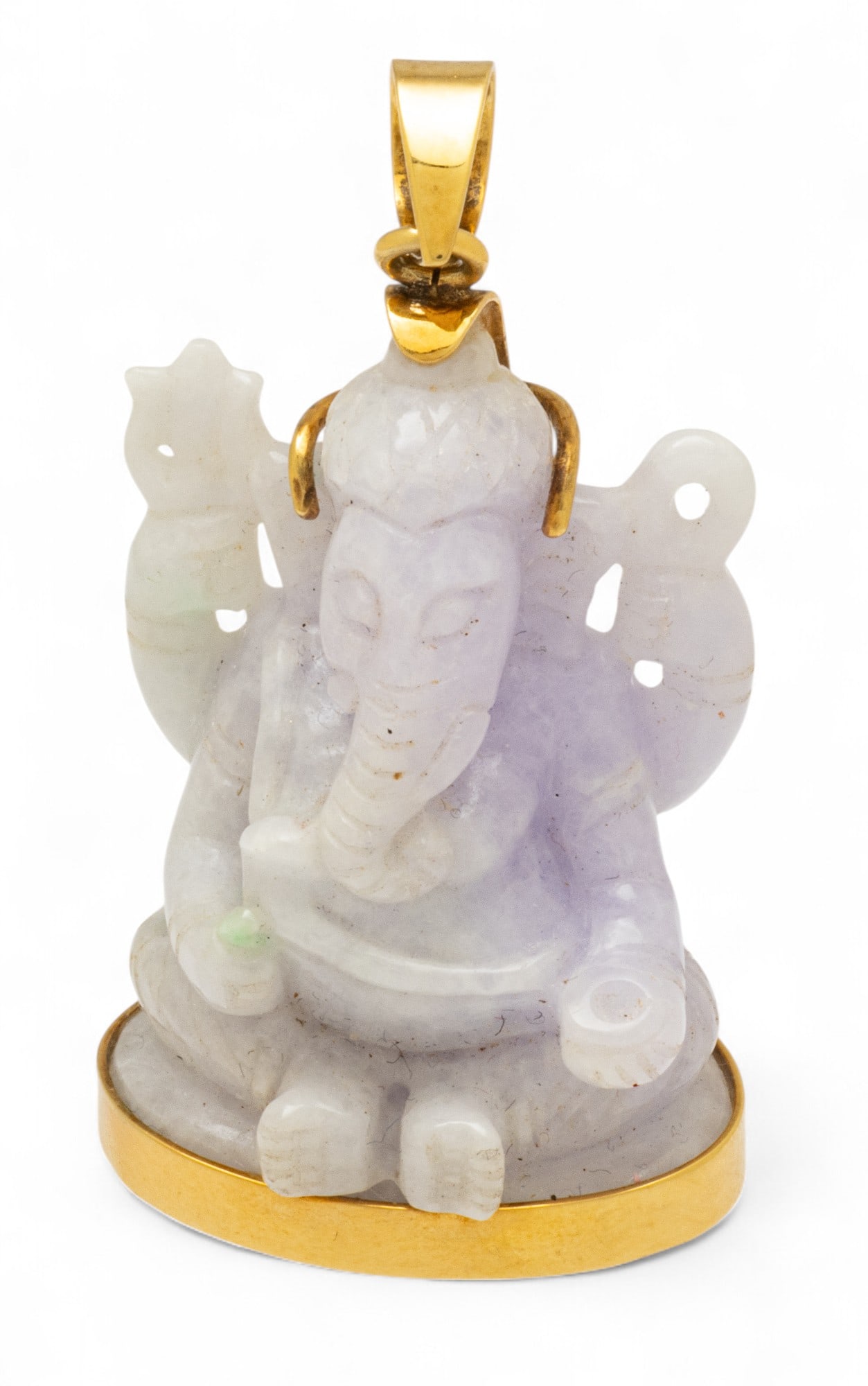Lavender Jade And 14k Yellow Gold Genesh Pendant H 1.3" 25 g 1 PC: Lavender Jade And 14k Yellow Gold Genesh Pendant H 1.3" 25 g 1 PC Hand carved. Light lavender. Impressed 585. Provenance: From a Santa Fe, New Mexico and former Commerce Township, MI collector D