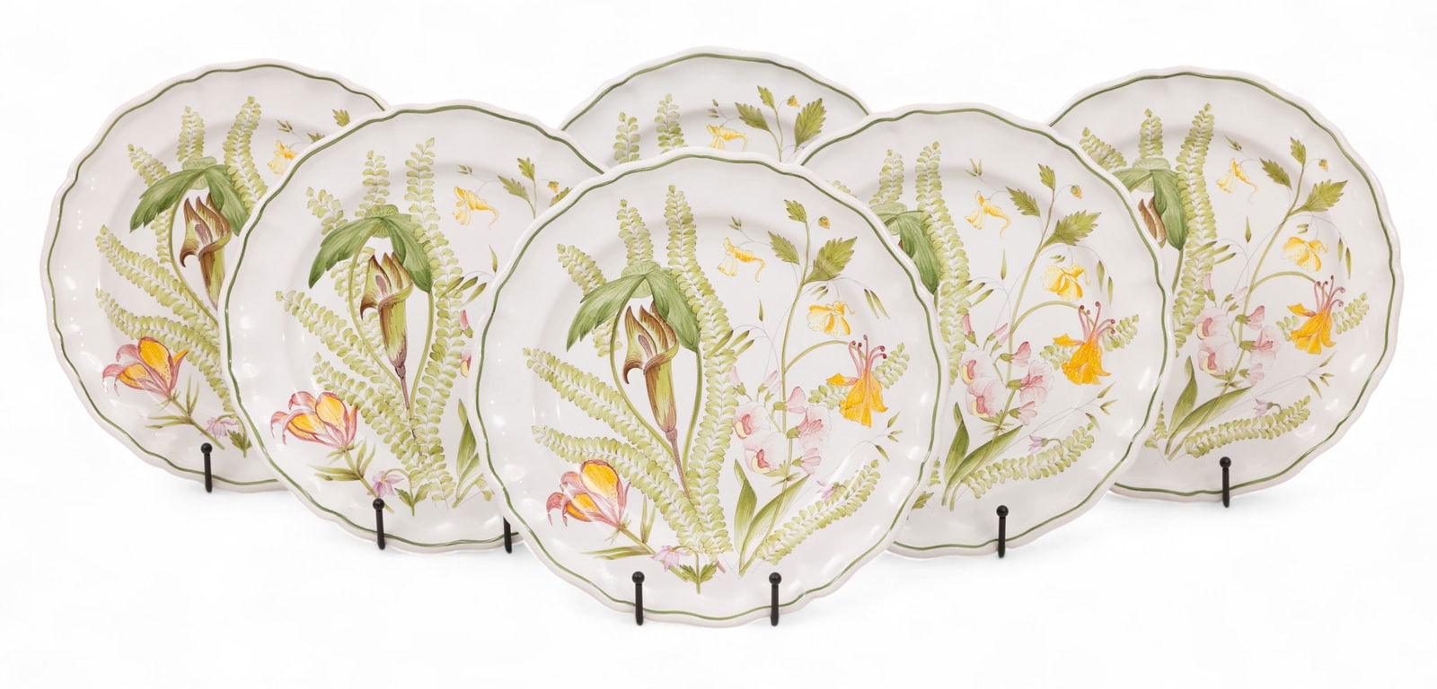 Segries Solamiel Moustiers (France) Hand Painted Dinner Plates, Bluff Gardens Dia. 10.1" 6 PCS: Segries Solamiel Moustiers (France) Hand Painted Dinner Plates, Bluff Gardens Dia. 10.1" 6 PCS Made exclusively for Bluff Gardens, Harbor Springs. Yellow and pink tulip, green lily, yellow and pink sc