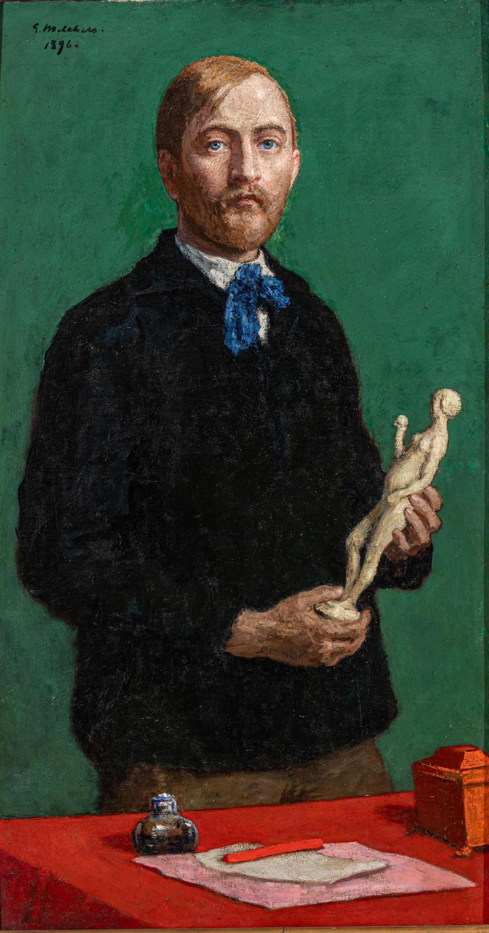 Gari Melchers (American, 1860-1932) Oil on Canvas, 1896, 'Self Portrait', H 43.75" W 23.5" Frame: Gari Melchers (American, 1860-1932) Oil on Canvas, 1896, 'Self Portrait', H 43.75" W 23.5" Frame Size: H 52.5" W 32.75" Depth 2" Signed and dated upper left. Artist self portrait in front of a green b