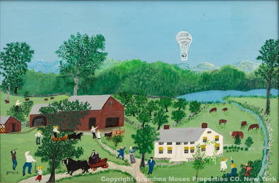 Grandma Moses (Anna Mary Robertson) (American, 1860-1961) Oil on Masonite, 1957, 'Balloon Landing in