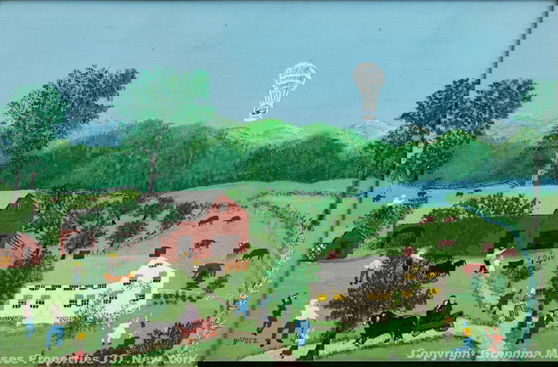 Grandma Moses (Anna Mary Robertson) (American, 1860-1961) Oil on Masonite, 1957, 'Balloon Landing in