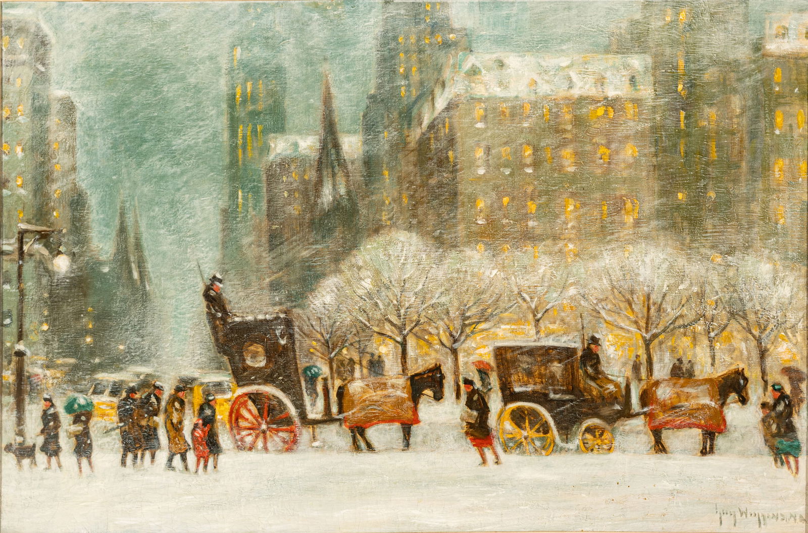 Guy Carleton Wiggins (American, 1883-1962) Oil on Canvas, 1959, 'New York Fantasy', H 24" W 36": Guy Carleton Wiggins (American, 1883-1962) Oil on Canvas, 1959, 'New York Fantasy', H 24" W 36" Central Park snow scene. Signed lower right. Authenticated by Guy A. Wiggins (the artist's son) on Febru