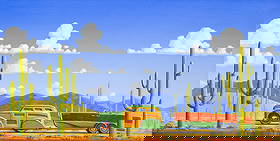 Robert W. LaDuke (American, B. 1961) Acrylic on Wood Panel, 2005, 'Dowser', H 14" W 28" Frame Size:: Robert W. LaDuke (American, B. 1961) Acrylic on Wood Panel, 2005, 'Dowser', H 14" W 28" Frame Size: H 22.5" W 36.5" Depicting a paneled wagon towing a Chris Craft boat across a desert landscape. Oval