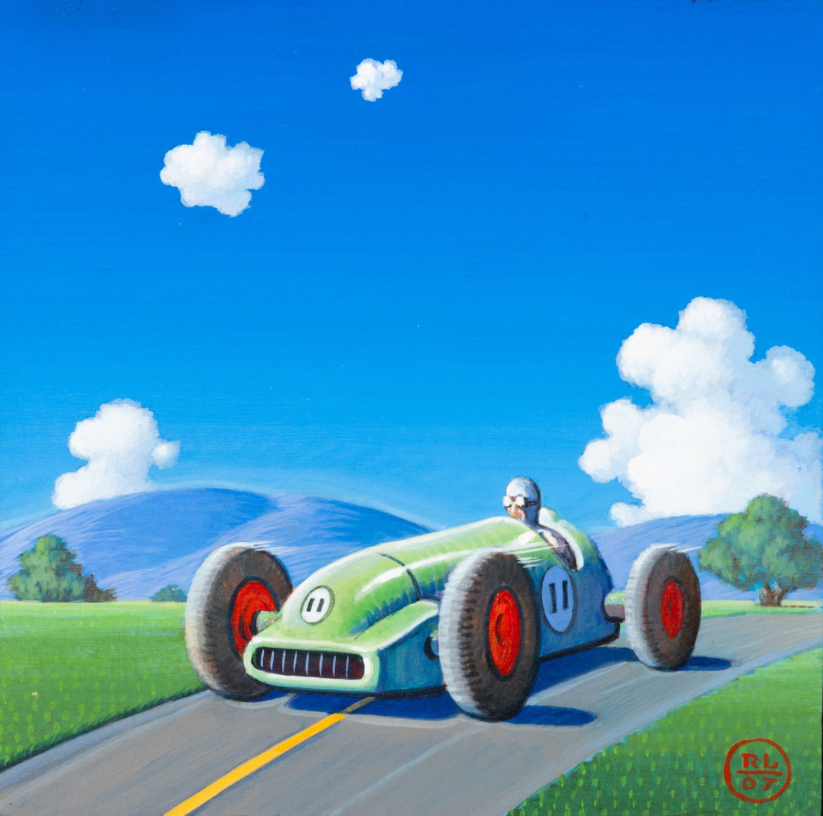 Robert W. LaDuke (American, B. 1961) Acrylic on Wood Panel, 2007, 'Green Racer', H 10" W 10" Frame (1 of 5)