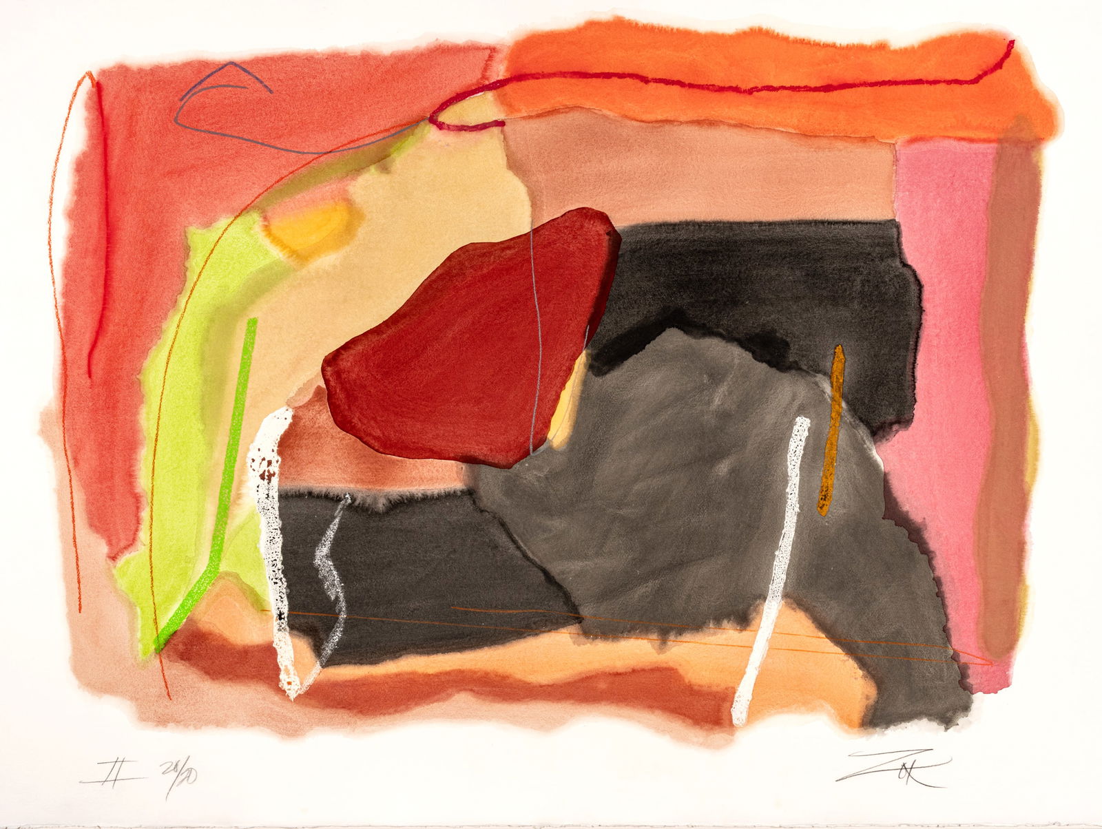 Larry Zox (American, 1936-2006) Mixed Media, Watercolor Pochoir, and Oil Stick Wax, Water-Based: Larry Zox (American, 1936-2006) Mixed Media, Watercolor Pochoir, and Oil Stick Wax, Water-Based Crayons, on Heavy Arches Museum Watercolor Rag Paper with Deckled Edges 1993, 'Dexter's Choice II', H 40