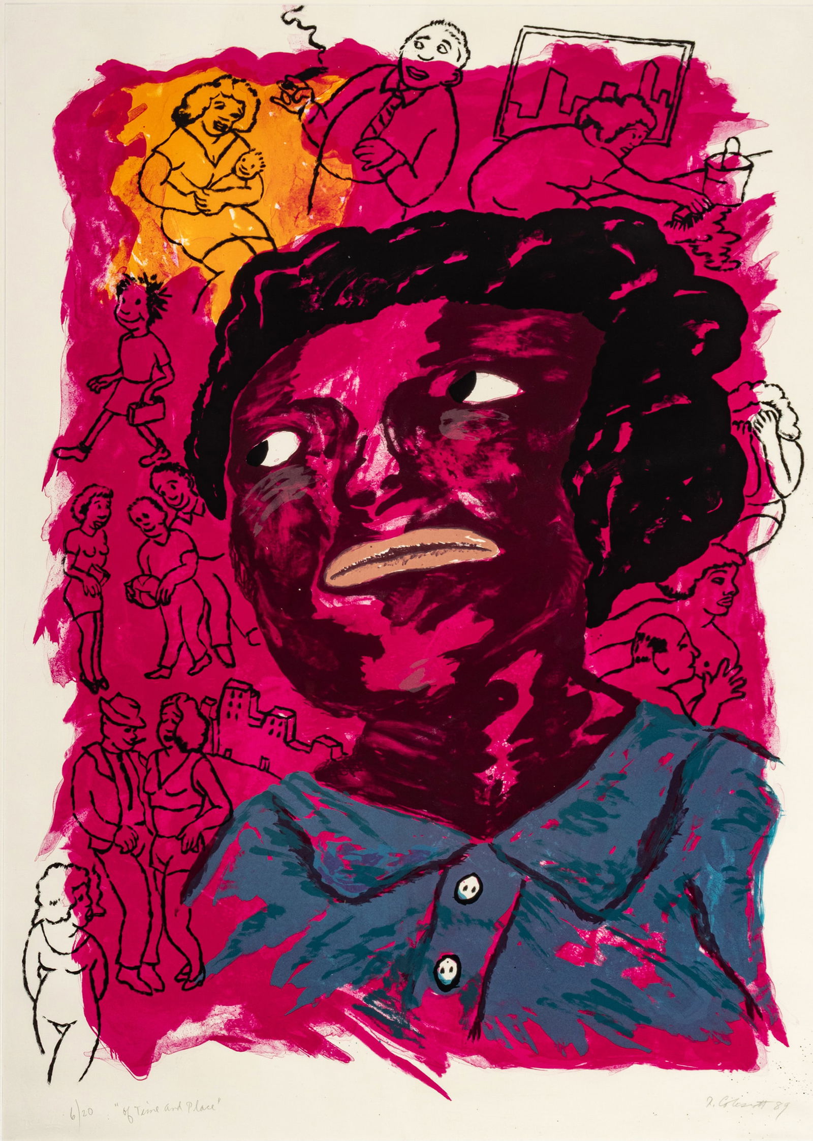 Robert Colescott (American, 1925-2009) Lithograph in Colors on Paper, 1989, 'Of Time and Place', H: Robert Colescott (American, 1925-2009) Lithograph in Colors on Paper, 1989, 'Of Time and Place', H 40" W 28" Frame Size: H 53.5" W 41.5" Signed and dated in pencil lower right. Titled, with an edition