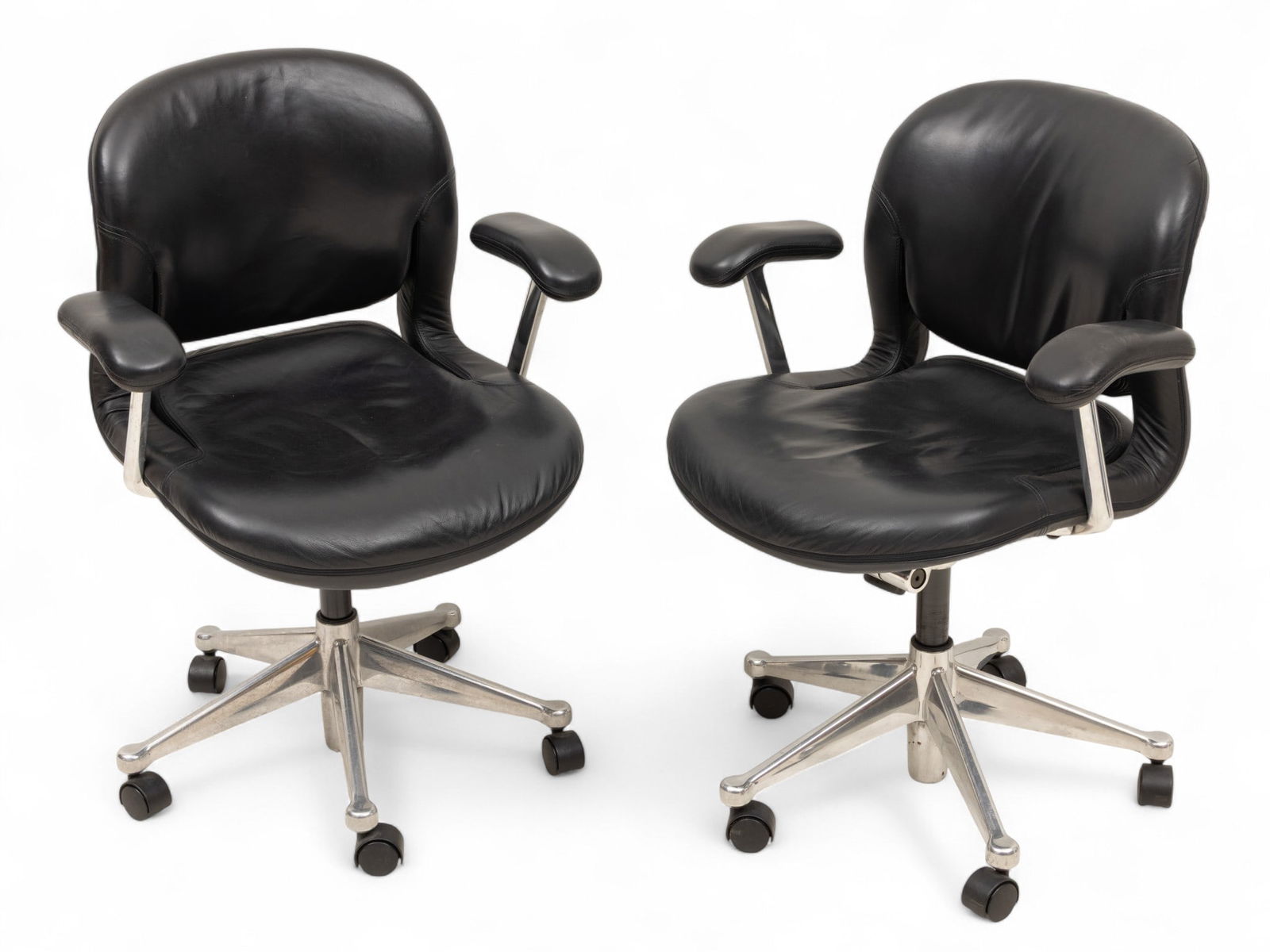 Pair of Don Chadwick and Bill Stumpf for Herman Miller Leather, Aluminum, and Plastic Equa Chairs H: Pair of Don Chadwick and Bill Stumpf for Herman Miller Leather, Aluminum, and Plastic Equa Chairs H 37" W 26" Depth 22" 2 PCS Two Equa high back executive desk chairs first designed by Bill Stumpf and