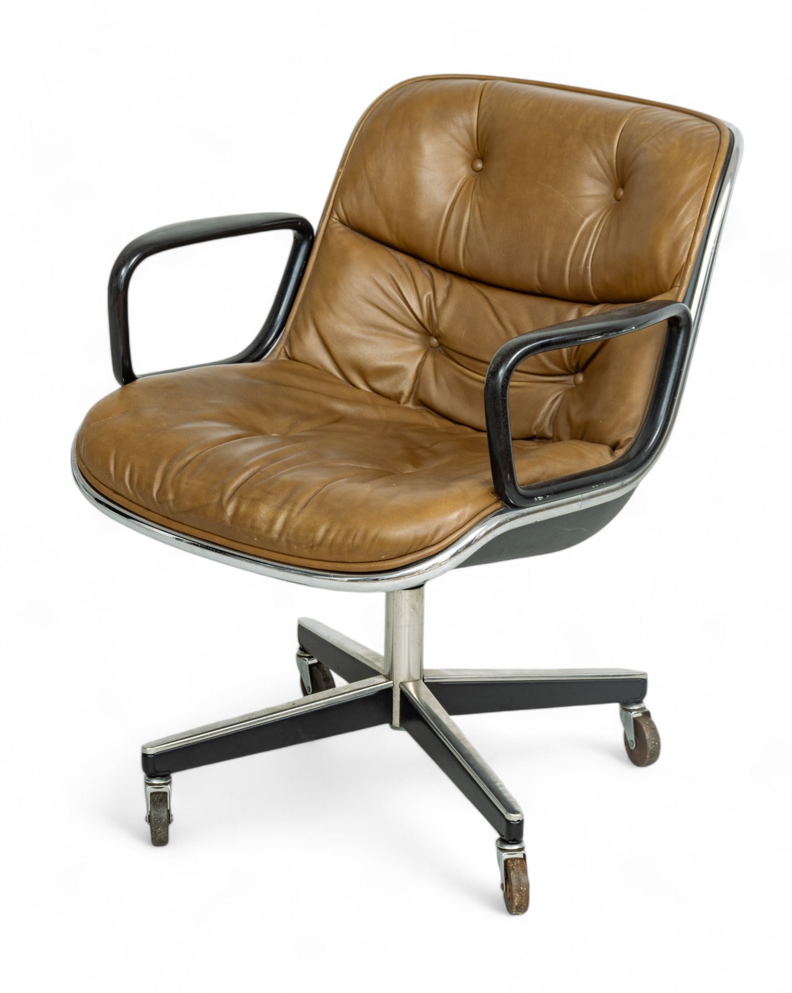 Charles Pollock Design for Knoll International (American) Executive Swivel Chair, Ca. 1978, H 32'' W: Charles Pollock Design for Knoll International (American) Executive Swivel Chair, Ca. 1978, H 32'' W 26'' Depth 29'' Brown leather seat and back, black open arms, on a swivel base with casters. Dimens