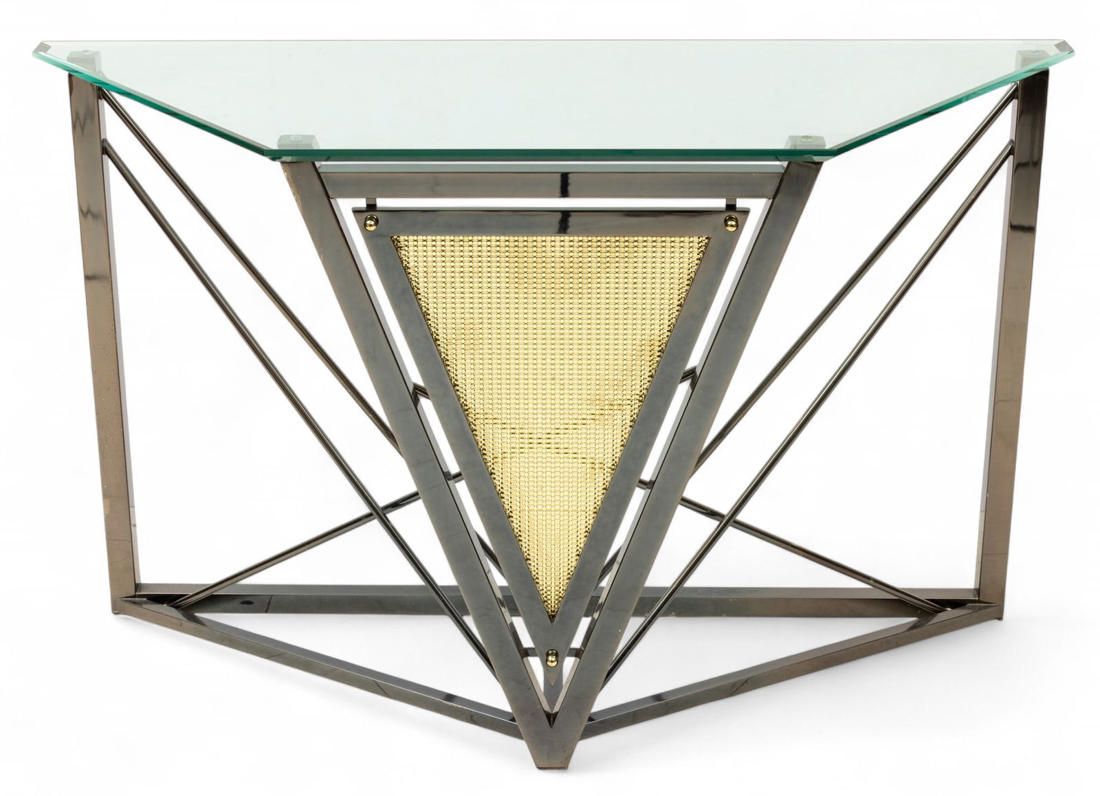 Art Deco Revival Beveled Glass-Top Geometric Black and Gold Metal Consol Table, Ca. 1980s, H 32.5" W (1 of 4)