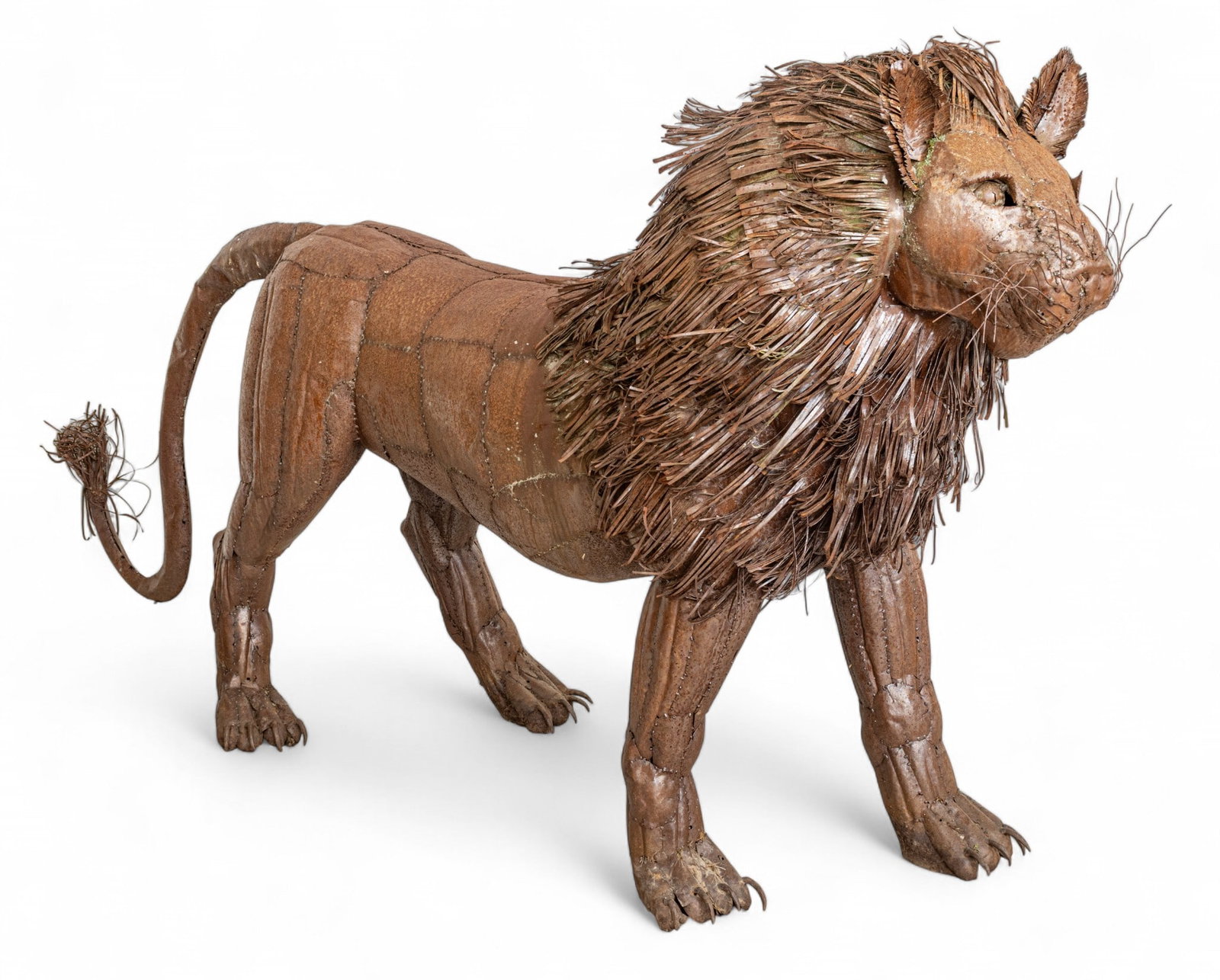 Life-Sized Tack-Welded Steel Lion Garden Sculpture H 52" W 24" L 92": Life-Sized Tack-Welded Steel Lion Garden Sculpture H 52" W 24" L 92" Large-scale steel lion sculpture. Unmarked. Provenance: Property from a Brethern, MI private collector Dimensions: H 52" W 24