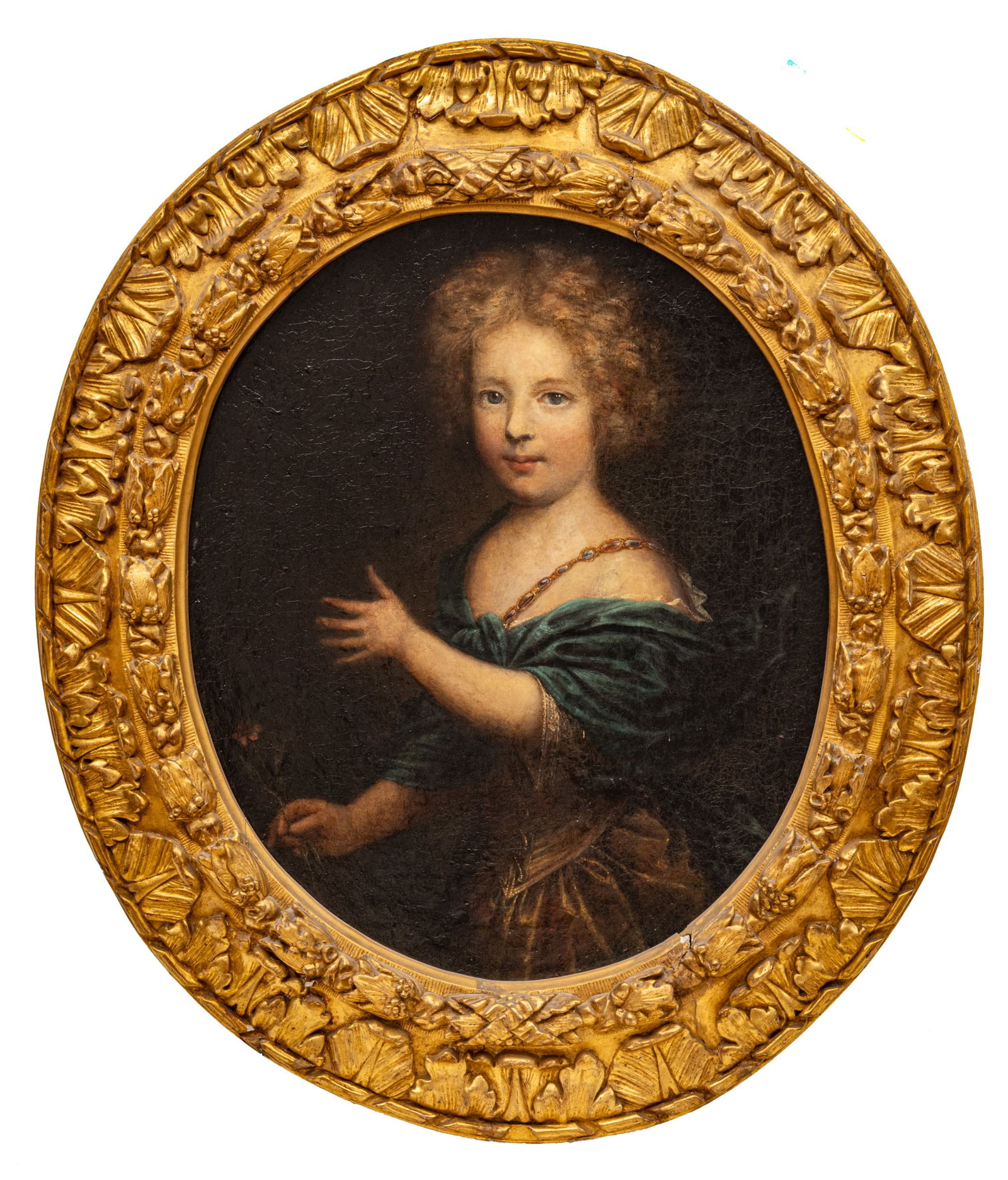 English Oil on Canvas C.1790-1810, 'Portrait of Girl with a Gold and Jeweled Chatelaine', H 25" W (1 of 8)