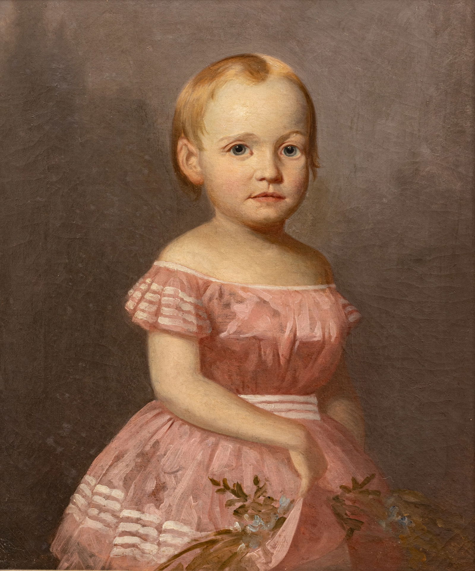 Oil on Canvas, Ca. 1840 - 50, 'Portrait of a Young Girl in a Pink Dress', H 21.5" W 18" Frame Size: (1 of 11)