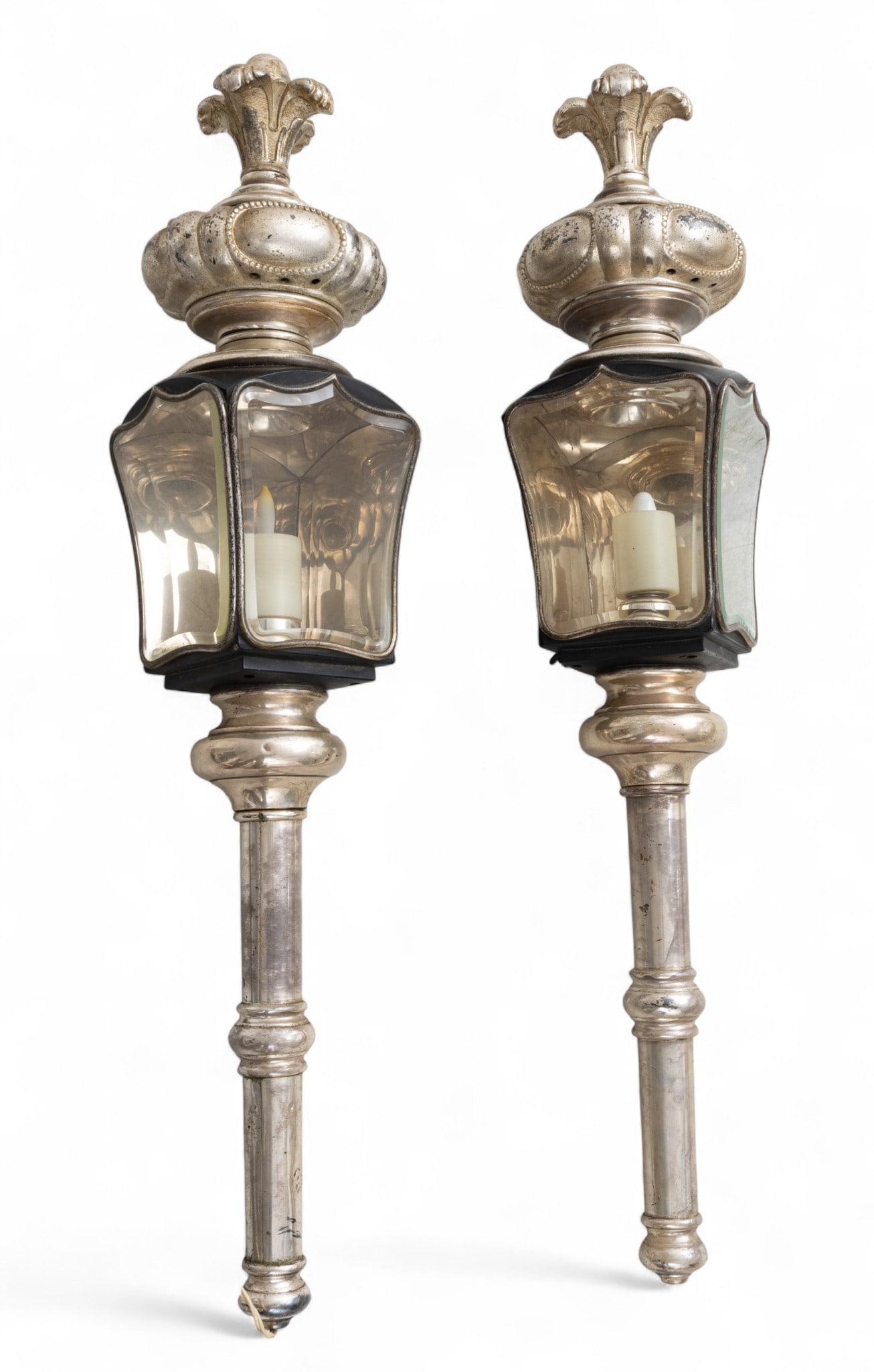 Vintage Coach Lanterns H 40" W 8" 1 PAIR: Vintage Coach Lanterns H 40" W 8" 1 PAIR No side brackets. Polished steel and black finish. Bulbous crest with leafy finial. Two beveled glass side panels. Electrified. Dimensions: H 40" W