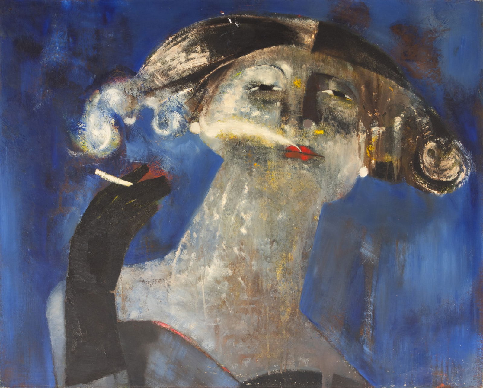 Italian Post Modern Portrait Oil on Canvas, Ca. 1950-1960, 'Donna Che Fuma', H 32.5" W 39.75" (1 of 5)