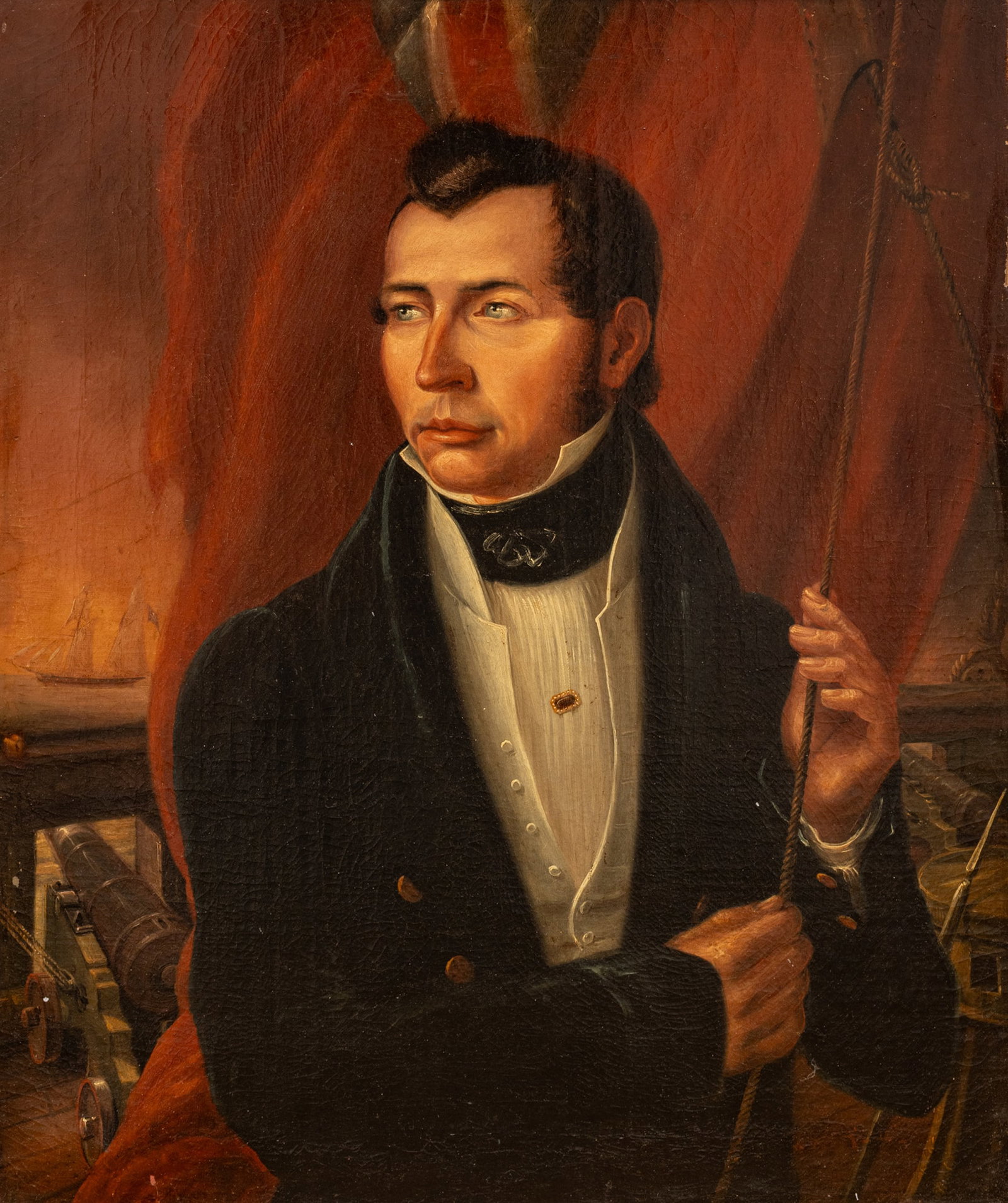 English Oil on Canvas, Ca. 1820-30, 'Portrait of a Merchant Captain', H 30" W 24.75" Frame Size: H: English Oil on Canvas, Ca. 1820-30, 'Portrait of a Merchant Captain', H 30" W 24.75" Frame Size: H 40" W 34.75" Unsigned. Half length portrait of a young merchant captain wearing a dark frock coat wit