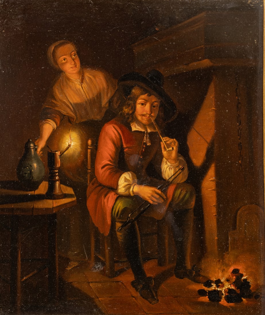 After Gabriel Metsu (Dutch, 1629-1667) Oil on Tin, Ca. 19th C., 'The Smoker at the Fireside', H: After Gabriel Metsu (Dutch, 1629-1667) Oil on Tin, Ca. 19th C., 'The Smoker at the Fireside', H 11.75" W 10" Unsigned. Depicting a seated gentleman lighting his pipe the the coals of a fire as a servi