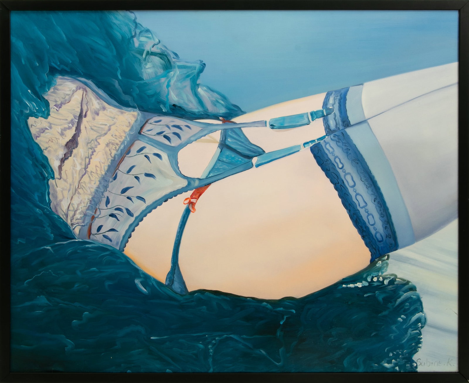 Sabine Kassik (Austrian, 20th C.) Oil on Canvas, 'Blue Lingerie', H 30" W 36" Frame Size: H 31.5" W: Sabine Kassik (Austrian, 20th C.) Oil on Canvas, 'Blue Lingerie', H 30" W 36" Frame Size: H 31.5" W 37.5" Signed in the lower right. Study of the female figure, woman in blue lingerie. Having a black 