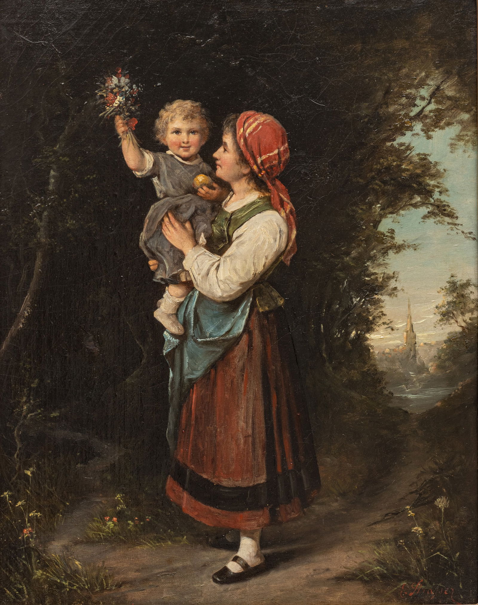Austrian Oil on Canvas, Ca. 1870s, 'The Little Flower Friend', H 15.5" W 12.5" Frame Size: H 22.5" W (1 of 9)