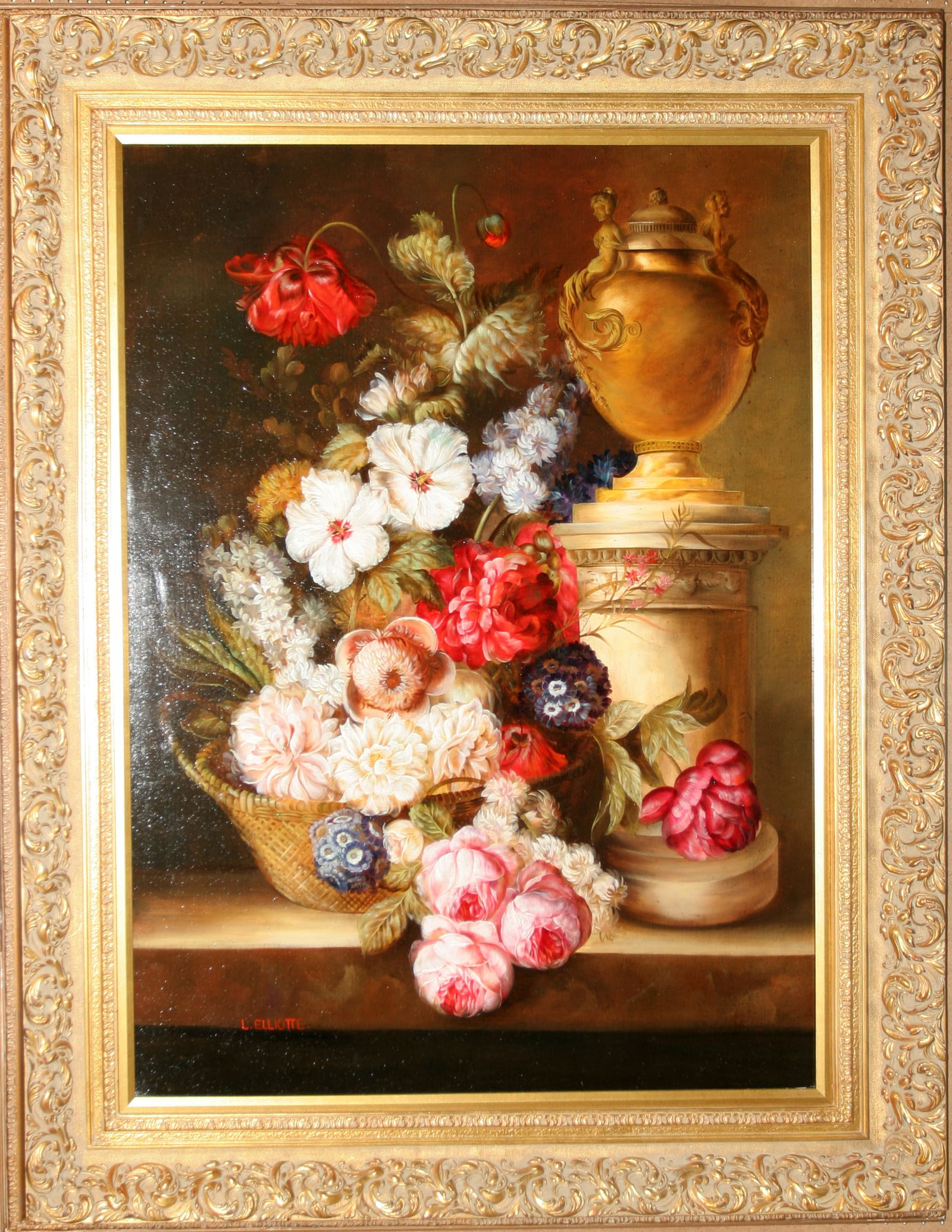 L. Elliotte Oil on Canvas, 'Still Life of Flowers', H 48" W 36" Frame Size: H 60.5"  W 50.5"  Depth (1 of 2)