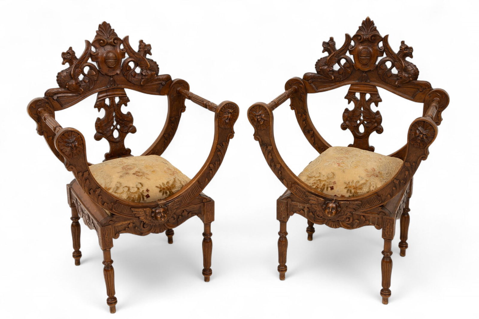 Pair of Dagobert Carved Wood and Floral Needlepoint Upholstery Chairs 1880-1900, H 43.5" W 29.5" (1 of 7)