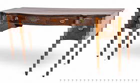 English Hepplewhite Mahogany and Satinwood Inlay Sideboard, 18th C., H 38" L 86" Depth 29": English Hepplewhite Mahogany and Satinwood Inlay Sideboard, 18th C., H 38" L 86" Depth 29" Having six straight tapering legs with spade feet, a bowed front. Having three central drawers flanked by two