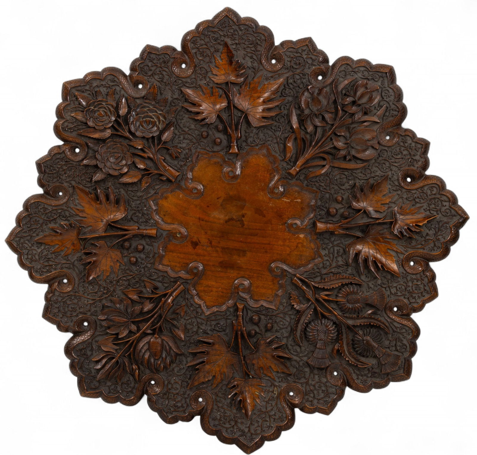 Indian Hand Carved Wood Cocktail Table, Collapsible Base H 22" Dia. 30" (1 of 6)