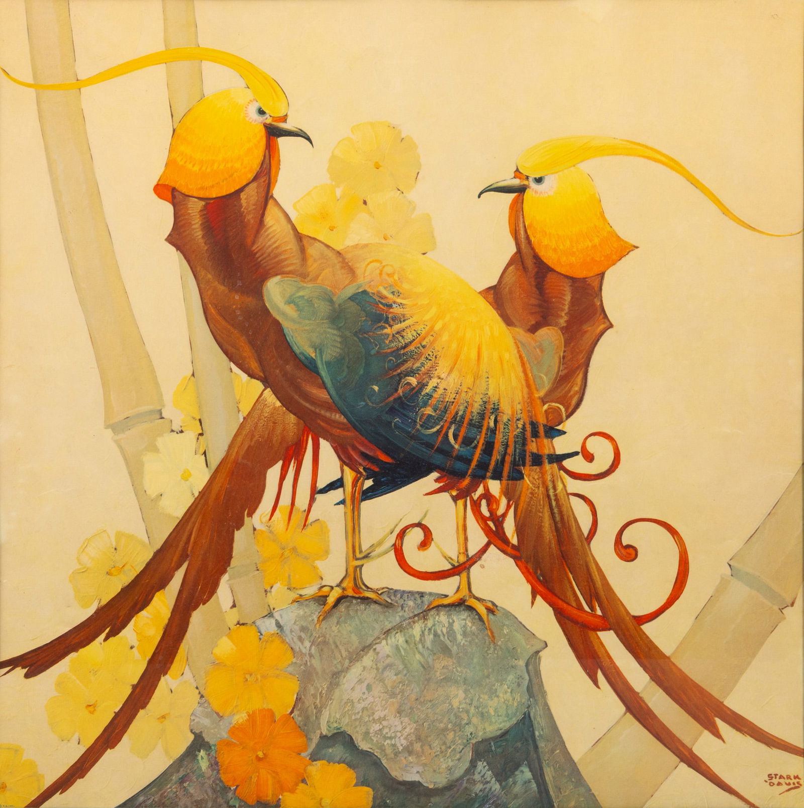 Stark Davis (American, 1885-1950) Hollywood Regency Offset Lithograph 'Golden Phesants', H 23" W 23" (1 of 5)